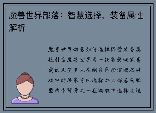 魔兽世界部落：智慧选择，装备属性解析